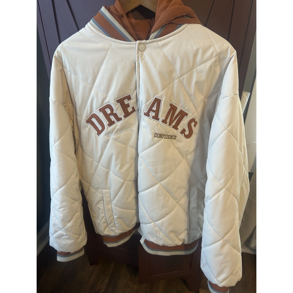 Dreams cream quilted varsity jacket with hood 5XL